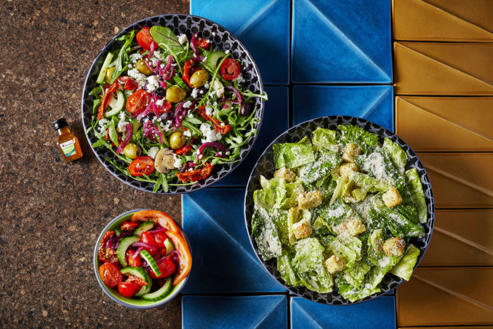 Mediterranean salad, caesar salad and portuguese tomato side salad