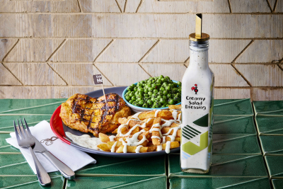 Nando's Chicken Butterfly, with Macho Peas and  PERi-chips with Creamy Salad Dressing Drizzle